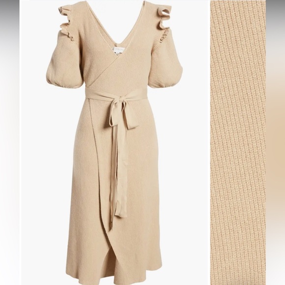 Never Fully Dressed ruffle cold shoulder wrap tie knitted midi dress in camel - Picture 2 of 8